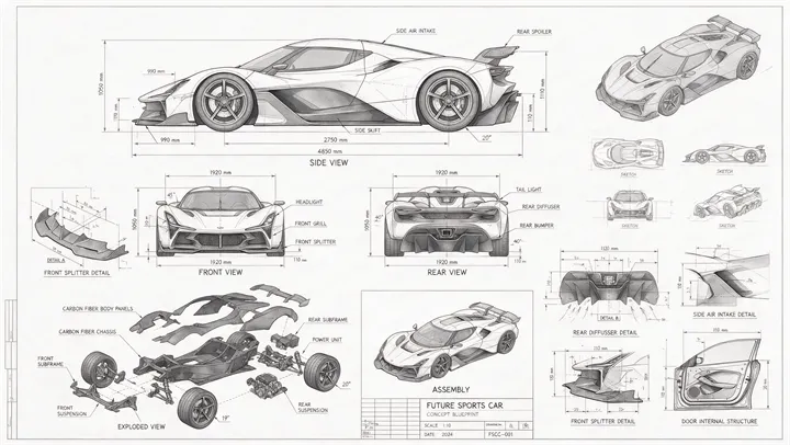 Seedream 5.0 Pro futuristic car blueprint with wireframes and measurement annotations