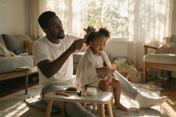 Seedream 5.0 Pro realistic family lifestyle photography of a father combing his daughter hair