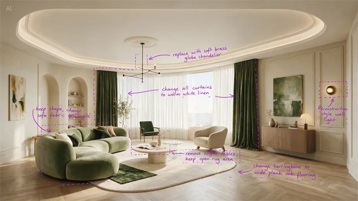 Before annotated living room edit with purple markup boxes for Seedream 5.0 Pro