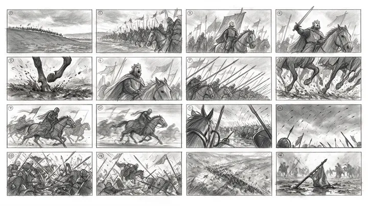 Seedream 5.0 Pro medieval cavalry storyboard with 16 graphite pencil panels