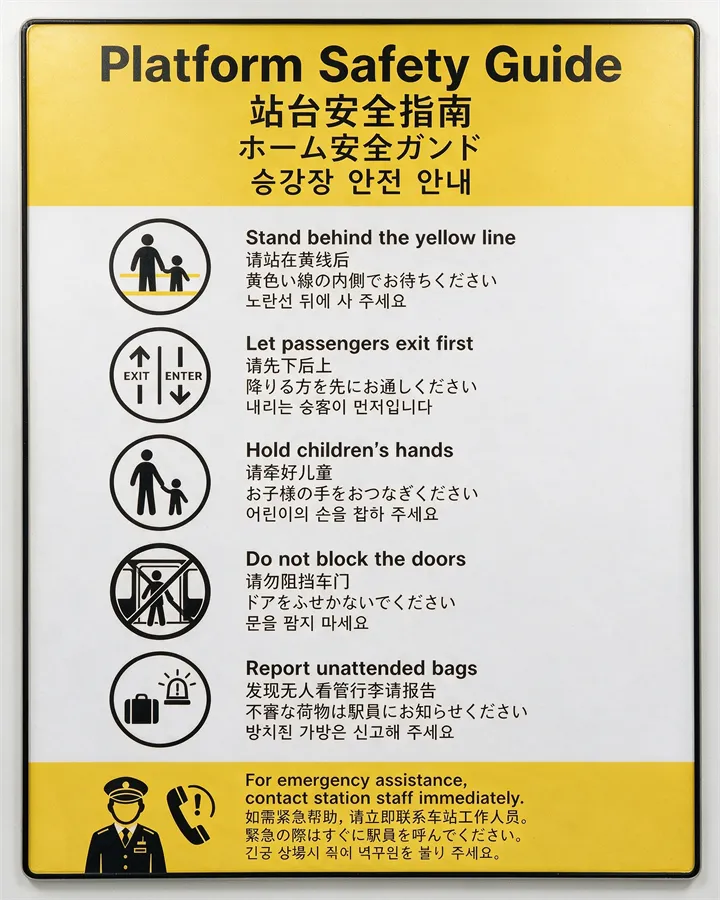 Seedream 5.0 Pro multilingual subway safety poster with high contrast warning icons